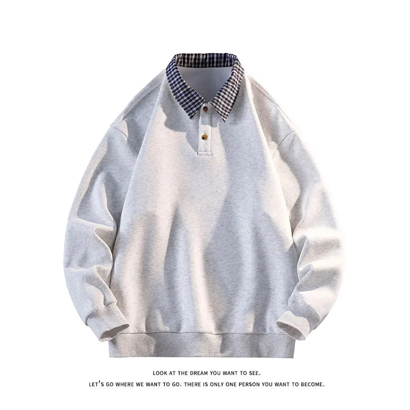 2025 Fall New Arrival Men's Fake Two-Piece Polo Neck Sweatshirt Versatile Casual Long-Sleeve Top Trendy Oversized Sweatshirt