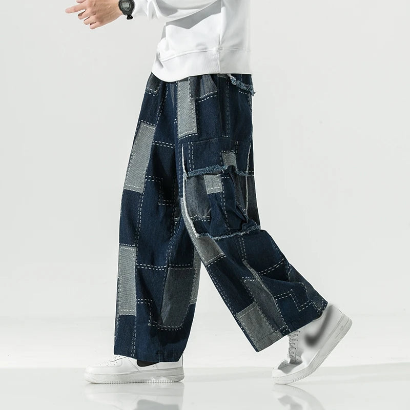 Japanese Distressed Splicing Jeans Men's Retro Loose Straight Wide Leg Casual Oversize Streetwear Men Denim Trousers