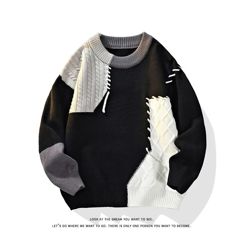 Fall Winter Warm Men Sweaters Korean Style Patchwork Pullovers Round Neck Knitted Sweater Men Women Fashion Knitwear