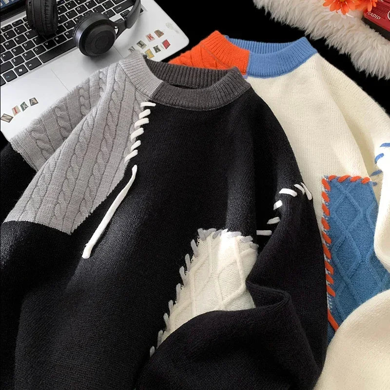 Fall Winter Warm Men Sweaters Korean Style Patchwork Pullovers Round Neck Knitted Sweater Men Women Fashion Knitwear