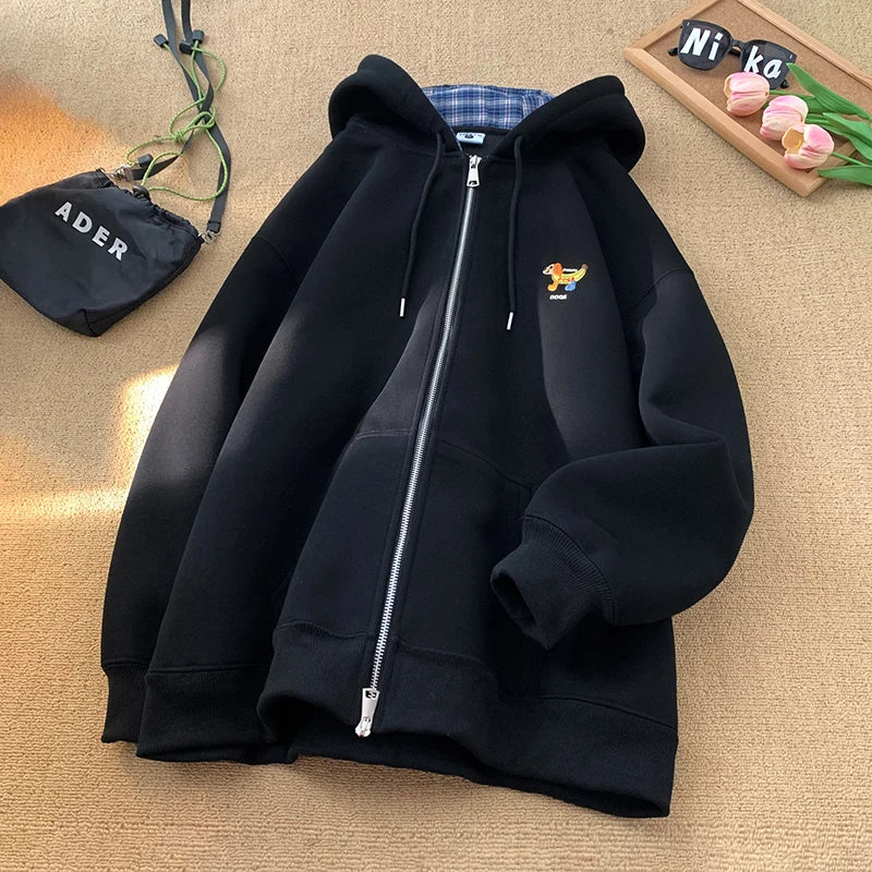 2025 New Cartoon Embroidered Hooded Zipper Jacket Men's Autumn Casual Loose Couples Hoodie Color-block Checkered Hooded Jacket