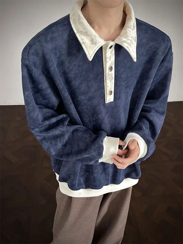 New Men's Casual Long-Sleeve Polo Shirt Color-Block Collar Loose-Fit Versatile Fashion Shirt Velvet Sweatshirt