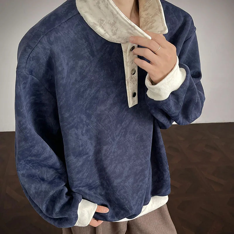 New Men's Casual Long-Sleeve Polo Shirt Color-Block Collar Loose-Fit Versatile Fashion Shirt Velvet Sweatshirt