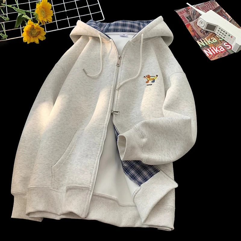 2025 New Cartoon Embroidered Hooded Zipper Jacket Men's Autumn Casual Loose Couples Hoodie Color-block Checkered Hooded Jacket