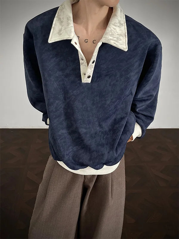 New Men's Casual Long-Sleeve Polo Shirt Color-Block Collar Loose-Fit Versatile Fashion Shirt Velvet Sweatshirt