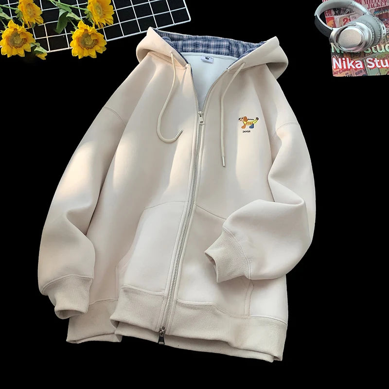 2025 New Cartoon Embroidered Hooded Zipper Jacket Men's Autumn Casual Loose Couples Hoodie Color-block Checkered Hooded Jacket