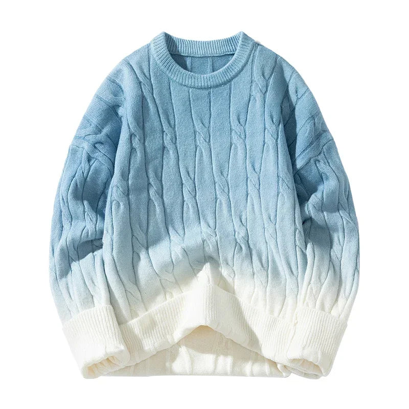 Korean Gradient Knitwear Loose Chunky Twist Knit Pullover New Round Neck Sweater Autumn Winter Warm Couple Tops