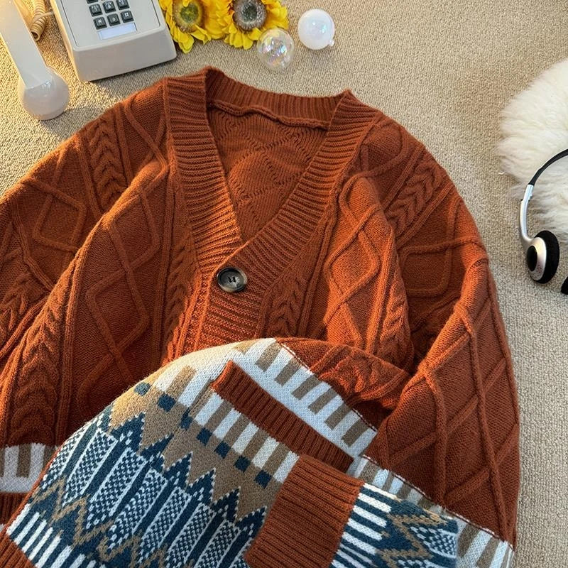 Japan Retro Stitching Rhombic Cardigan Sweater Twist Knit National Wind Couple Sweater Coat Warm V-neck Coat Men's Knitted Coat