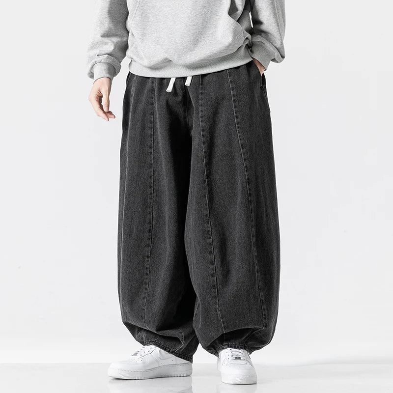 Mens Hip Hop Lantern Pants Baggy Denim Wide Leg Trousers Classic Solid Jean Pants Japanese Style Jeans Oversize Baggy Trousers