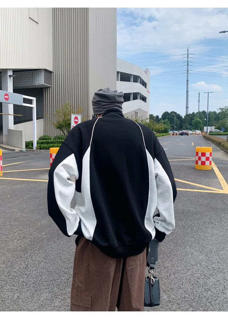 2025 New American Retro Collision POLO Collar Men's Sweatshirts Korean College Style Couples Clothing Autumn Casual Sweatshirt