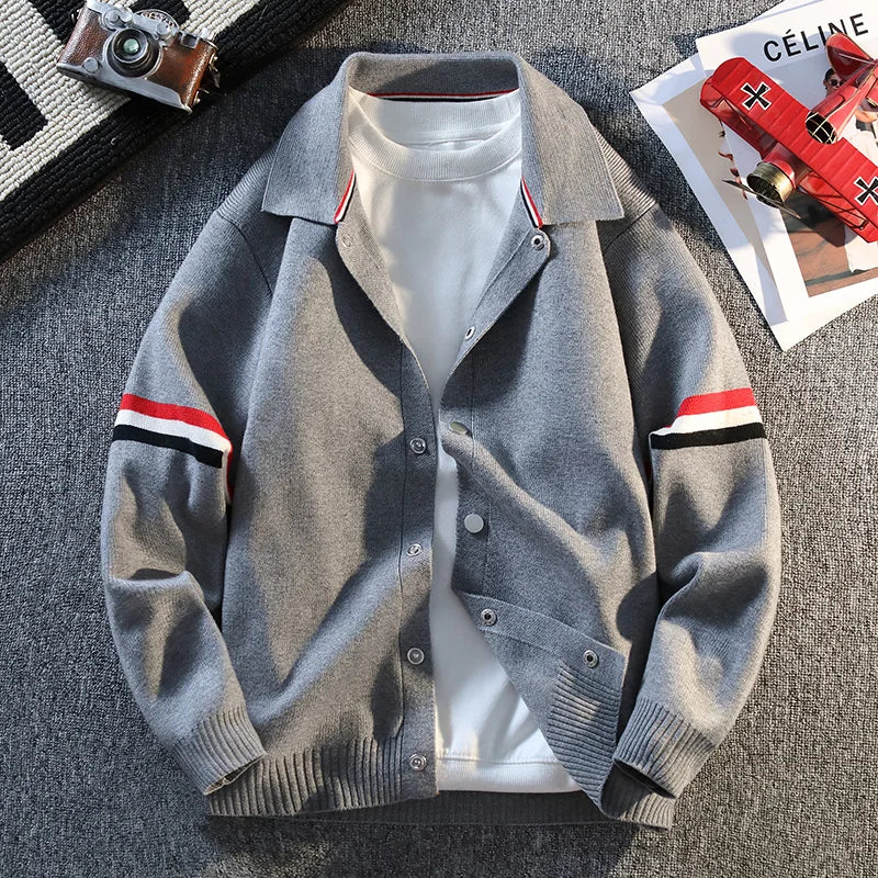2025 New Men's Color Collision Knitted Cardigan Versatile Stand-up Collar Button Cardigan Couple Knit Sweater Loose Outwear