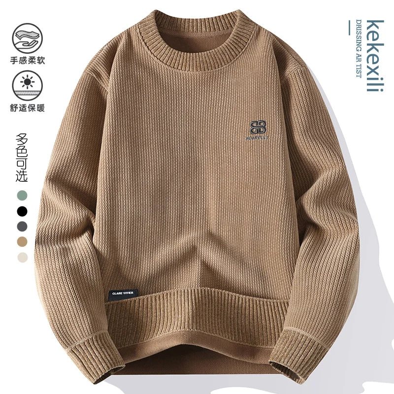 Embroidered Sweater Round Neck Thick Warm Knit Pullover Autumn Winter Plus Velvet Solid Color Casual Sweater.