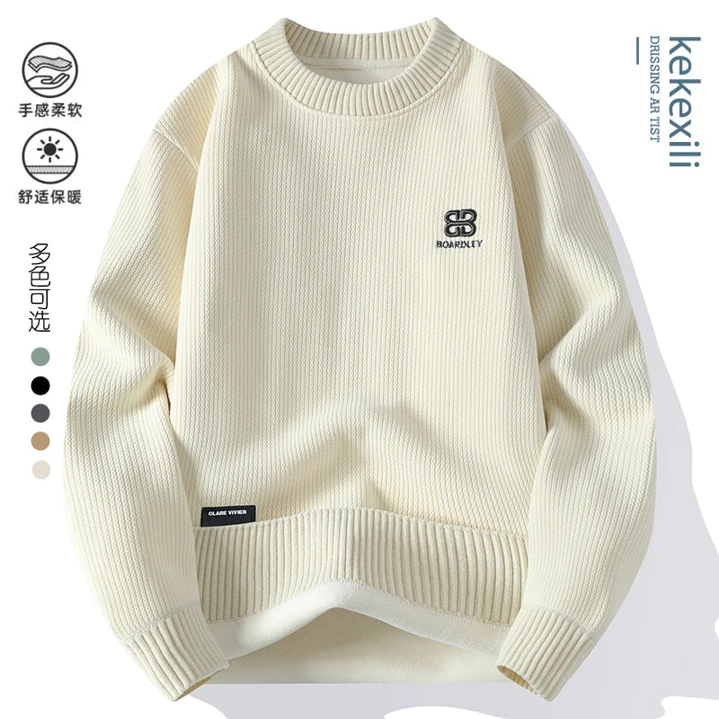 Embroidered Sweater Round Neck Thick Warm Knit Pullover Autumn Winter Plus Velvet Solid Color Casual Sweater.