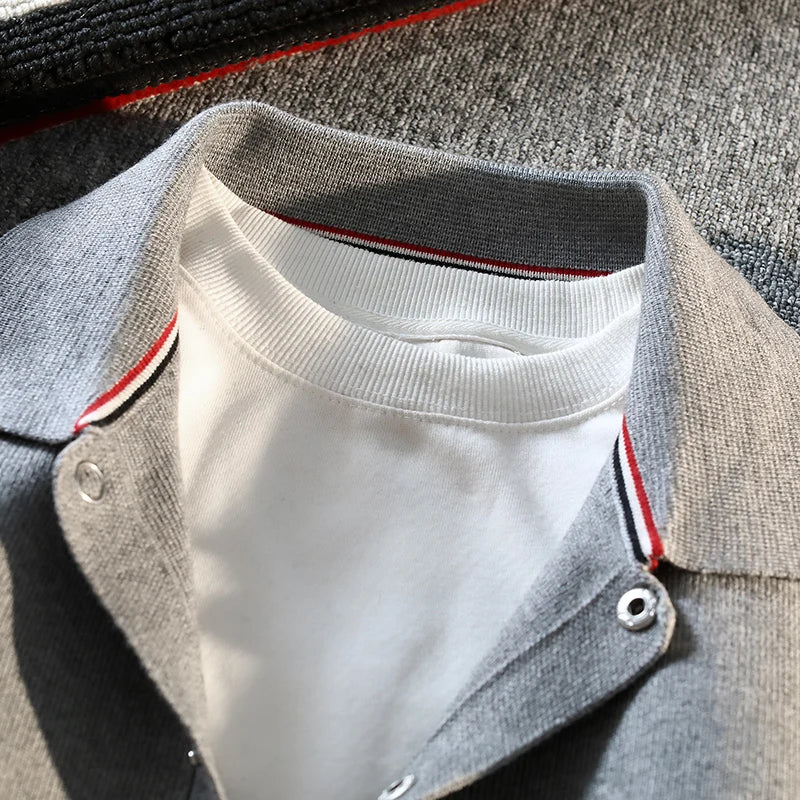 2025 New Men's Color Collision Knitted Cardigan Versatile Stand-up Collar Button Cardigan Couple Knit Sweater Loose Outwear