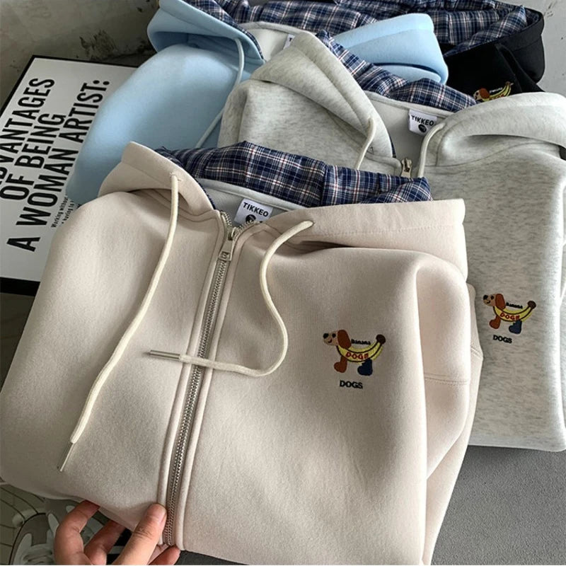 2025 New Cartoon Embroidered Hooded Zipper Jacket Men's Autumn Casual Loose Couples Hoodie Color-block Checkered Hooded Jacket