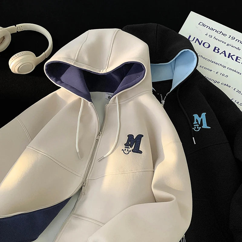 2025 Fall New American Retro Zipper Hooded Sweater Letters Embroidery Splicing Padded Jacket Oversize Street Style Trend Tops