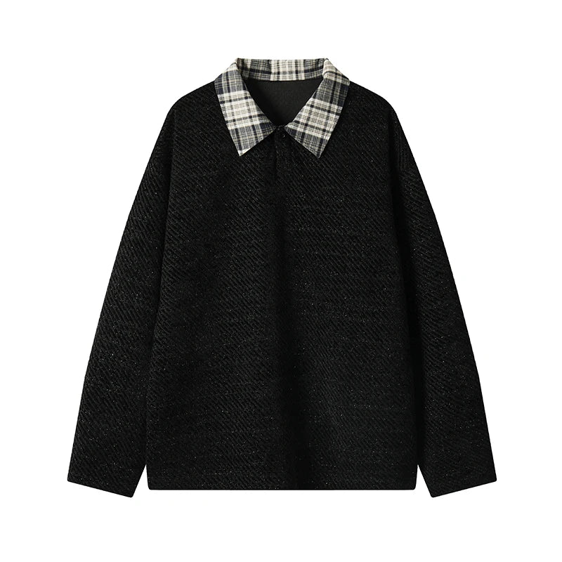 Retro Black White Checkered Splicing Striped Sweatshirts Loose Couples Clothing 2025 Autumn New Knit Sweatshirt Polo Shirt