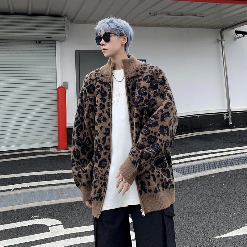 Retro Leopard Knit Cardigan Sweater Men's Jacket Korean Streetwear Popular Zipper Long Sleeve Knitwear Unisex Outwear