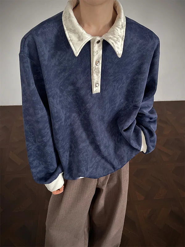 New Men's Casual Long-Sleeve Polo Shirt Color-Block Collar Loose-Fit Versatile Fashion Shirt Velvet Sweatshirt