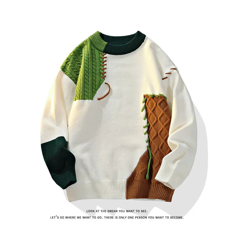 Fall Winter Warm Men Sweaters Korean Style Patchwork Pullovers Round Neck Knitted Sweater Men Women Fashion Knitwear