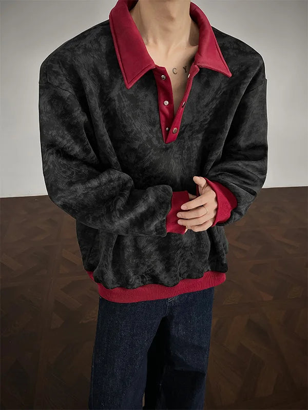 New Men's Casual Long-Sleeve Polo Shirt Color-Block Collar Loose-Fit Versatile Fashion Shirt Velvet Sweatshirt