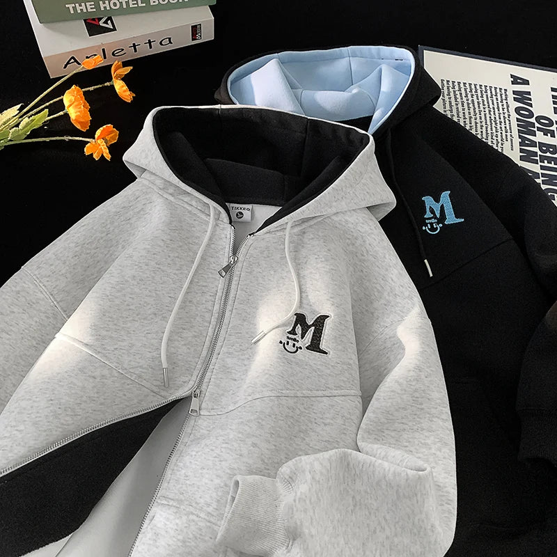 2025 Fall New American Retro Zipper Hooded Sweater Letters Embroidery Splicing Padded Jacket Oversize Street Style Trend Tops