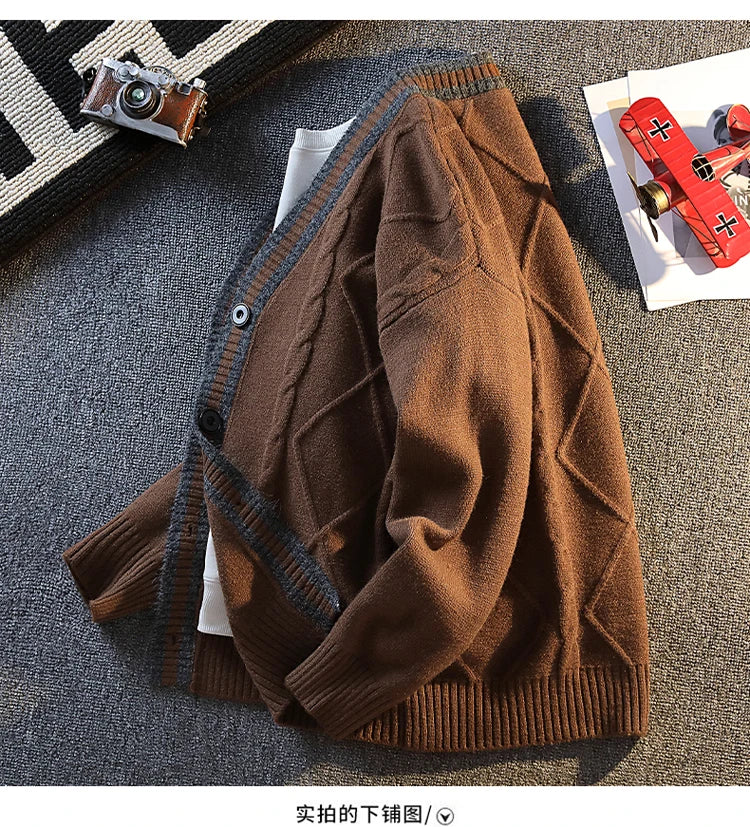 New Fall Men's Knit Cardigan Retro Diamond-Pattern Sweater Jacket Korean Style Comfortable and Versatile Long-Sleeve Knit Top