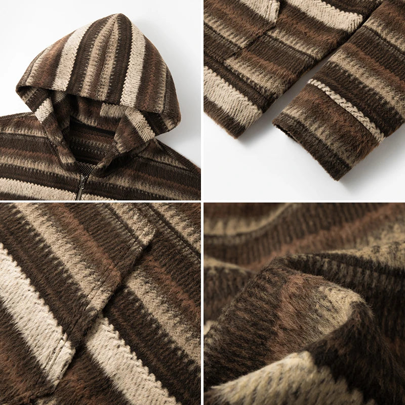 Retro Trend Men's Striped Knit Hooded Cardigan Autumn and Winter Clashing Hooded Jacket Korean Street Couple Hoodie