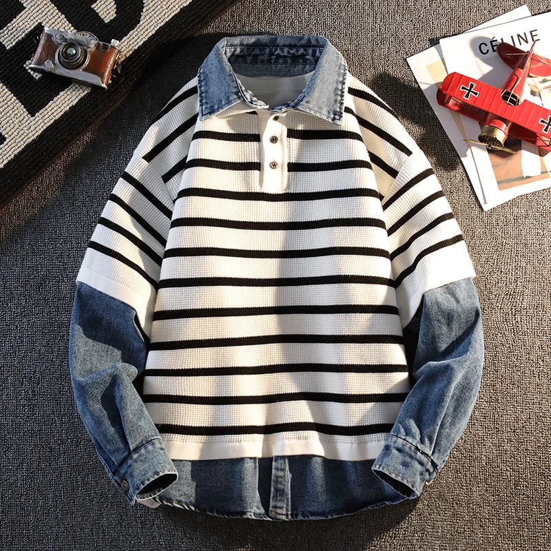 Fake Two Pieces Denim Splicing Jumper Korean Style Striped Long-sleeved Polo Shirt Men Women Casual Tops 2025 Autumn New Sweater