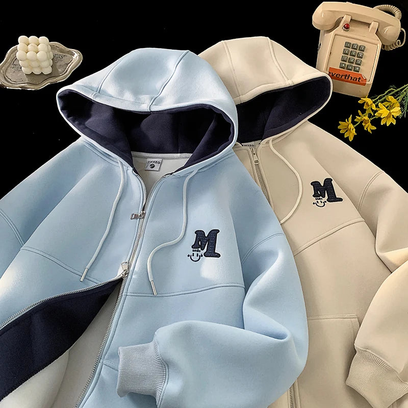 2025 Fall New American Retro Zipper Hooded Sweater Letters Embroidery Splicing Padded Jacket Oversize Street Style Trend Tops