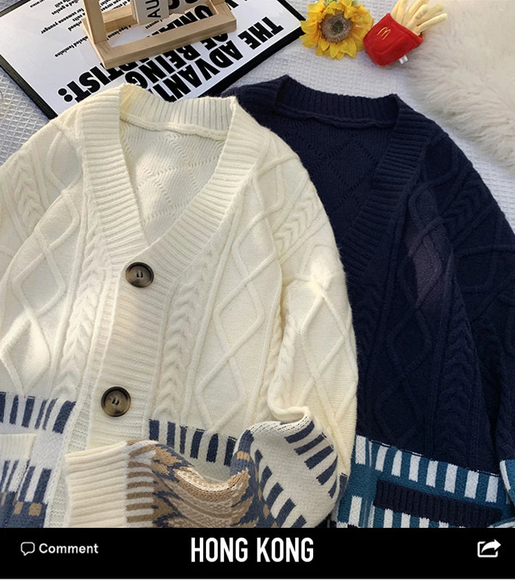 Japan Retro Stitching Rhombic Cardigan Sweater Twist Knit National Wind Couple Sweater Coat Warm V-neck Coat Men's Knitted Coat