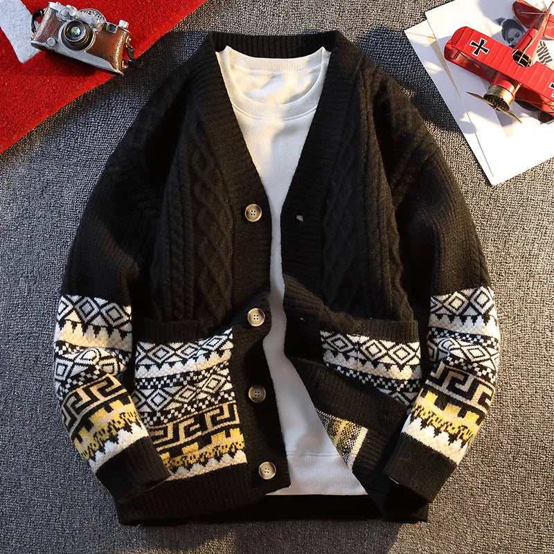 Ethnic Jacquard Knit Cardigan Japanese Retro Casual Versatile Sweater Loose-Fit Sweater Jacket Couple Knitwear
