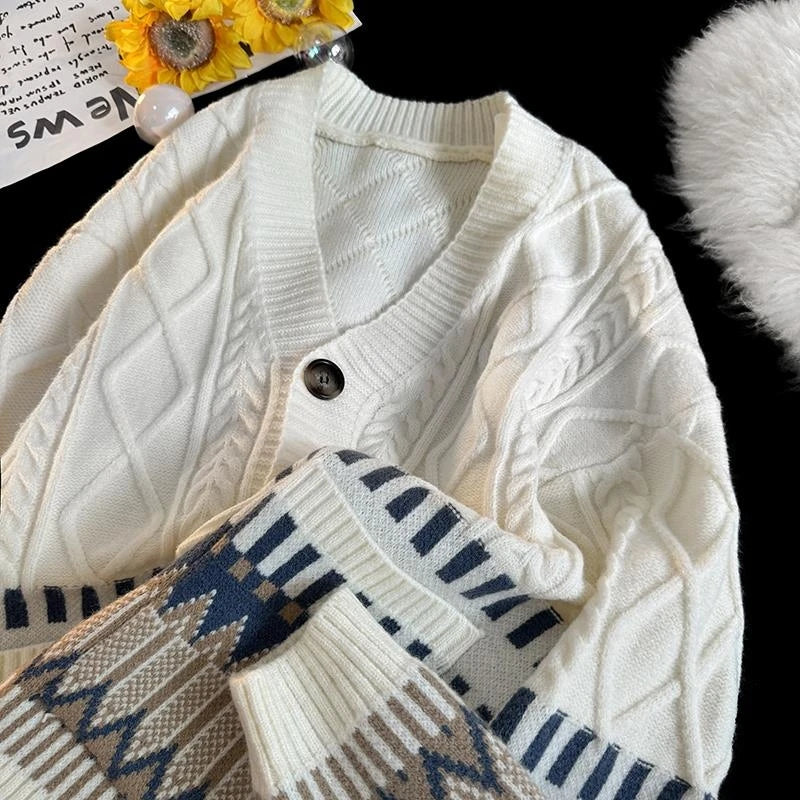 Japan Retro Stitching Rhombic Cardigan Sweater Twist Knit National Wind Couple Sweater Coat Warm V-neck Coat Men's Knitted Coat