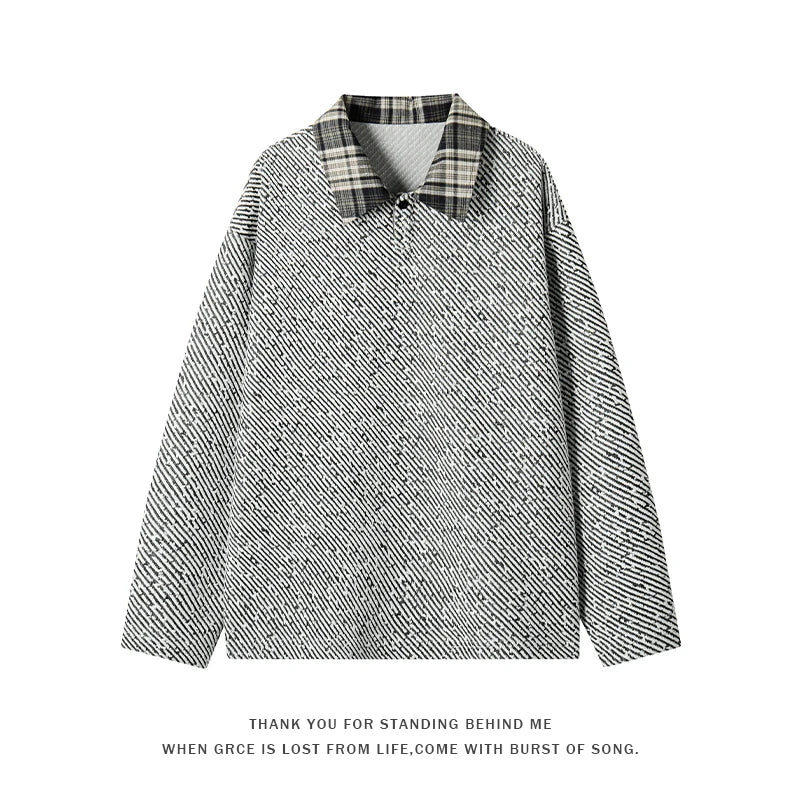 Retro Black White Checkered Splicing Striped Sweatshirts Loose Couples Clothing 2025 Autumn New Knit Sweatshirt Polo Shirt