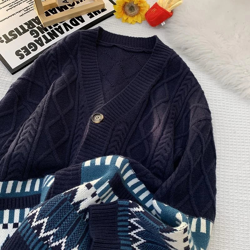 Japan Retro Stitching Rhombic Cardigan Sweater Twist Knit National Wind Couple Sweater Coat Warm V-neck Coat Men's Knitted Coat