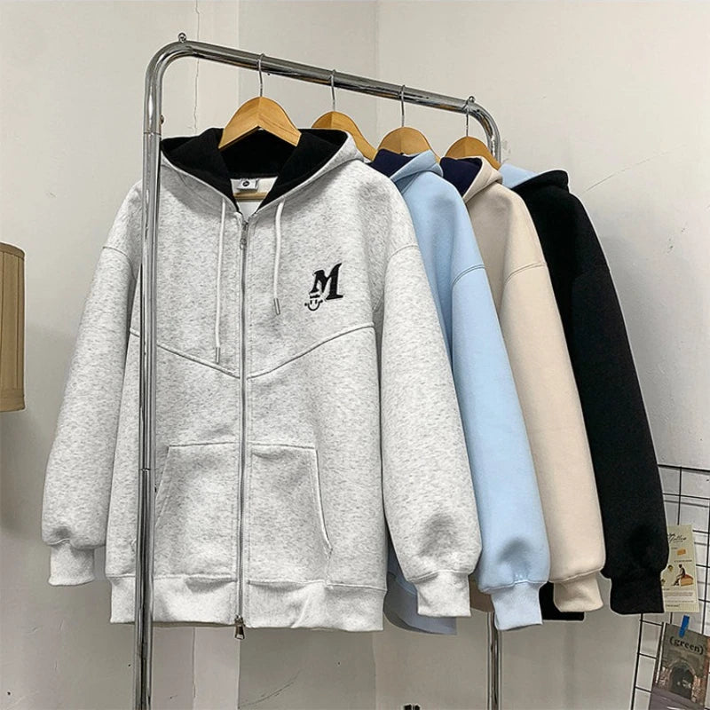 2025 Fall New American Retro Zipper Hooded Sweater Letters Embroidery Splicing Padded Jacket Oversize Street Style Trend Tops