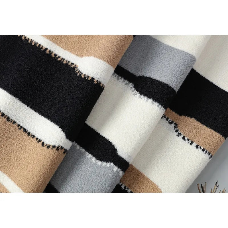 New Clashing Stripes Pullover Knit Sweater Fall Winter Warm Bottom Knit Round Neck Top Casual Unisex Sweater