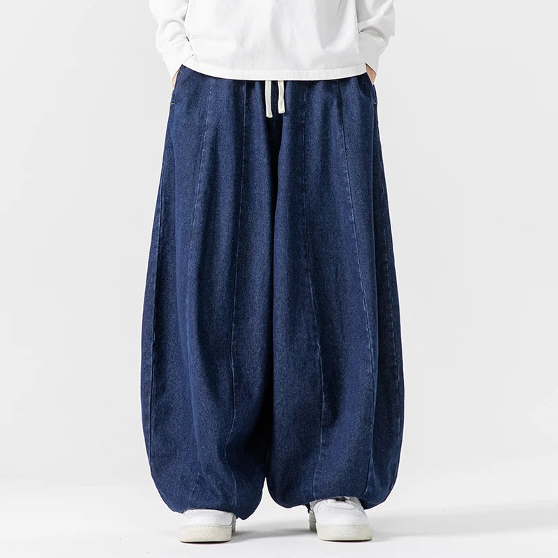 Mens Hip Hop Lantern Pants Baggy Denim Wide Leg Trousers Classic Solid Jean Pants Japanese Style Jeans Oversize Baggy Trousers