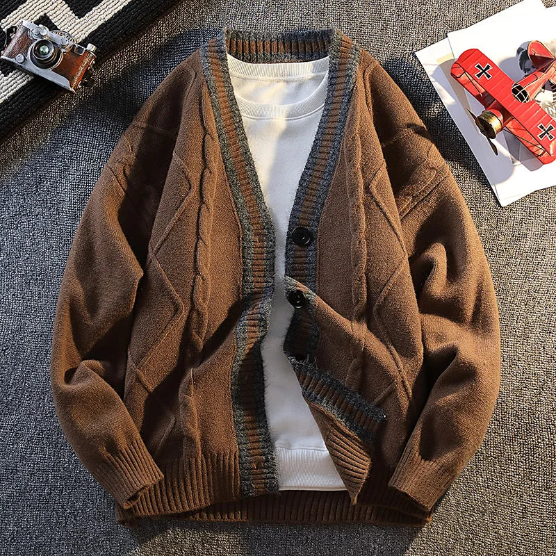 New Fall Men's Knit Cardigan Retro Diamond-Pattern Sweater Jacket Korean Style Comfortable and Versatile Long-Sleeve Knit Top
