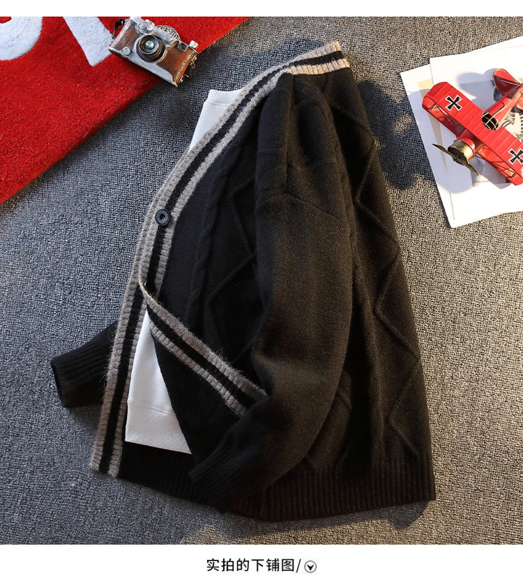 New Fall Men's Knit Cardigan Retro Diamond-Pattern Sweater Jacket Korean Style Comfortable and Versatile Long-Sleeve Knit Top