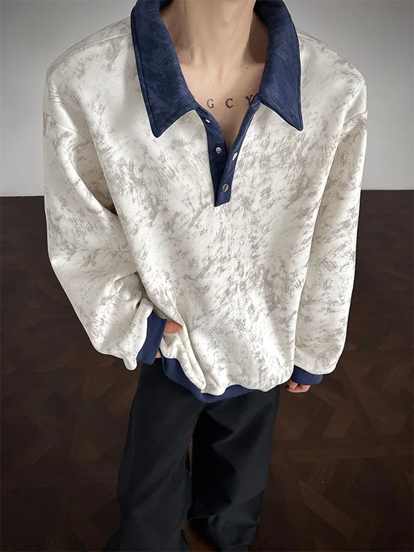 New Men's Casual Long-Sleeve Polo Shirt Color-Block Collar Loose-Fit Versatile Fashion Shirt Velvet Sweatshirt