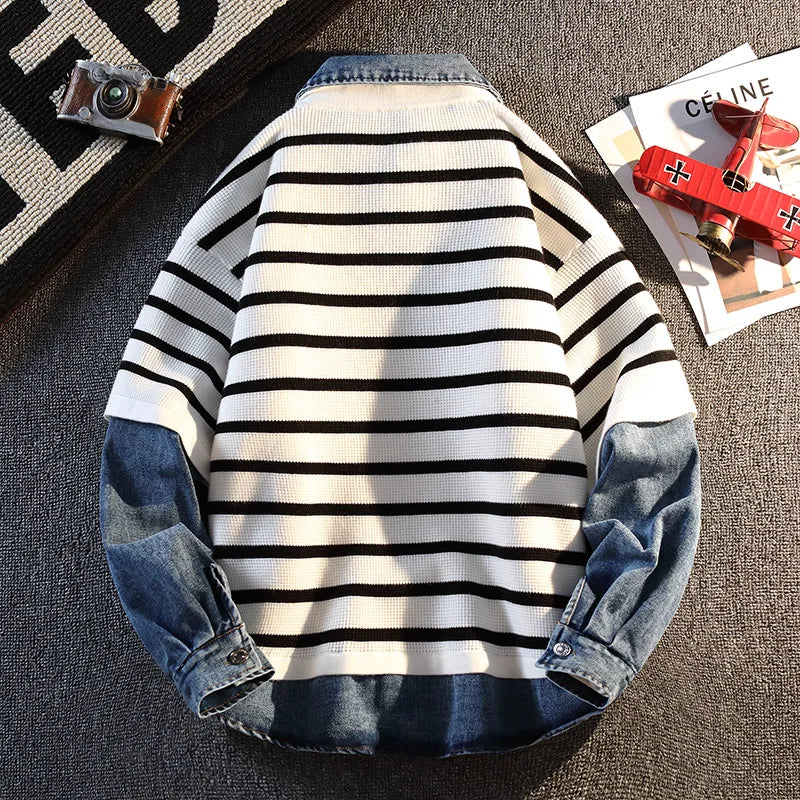 Fake Two Pieces Denim Splicing Jumper Korean Style Striped Long-sleeved Polo Shirt Men Women Casual Tops 2025 Autumn New Sweater