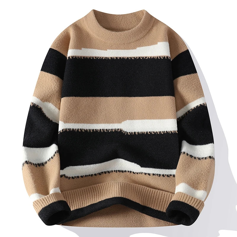 New Clashing Stripes Pullover Knit Sweater Fall Winter Warm Bottom Knit Round Neck Top Casual Unisex Sweater