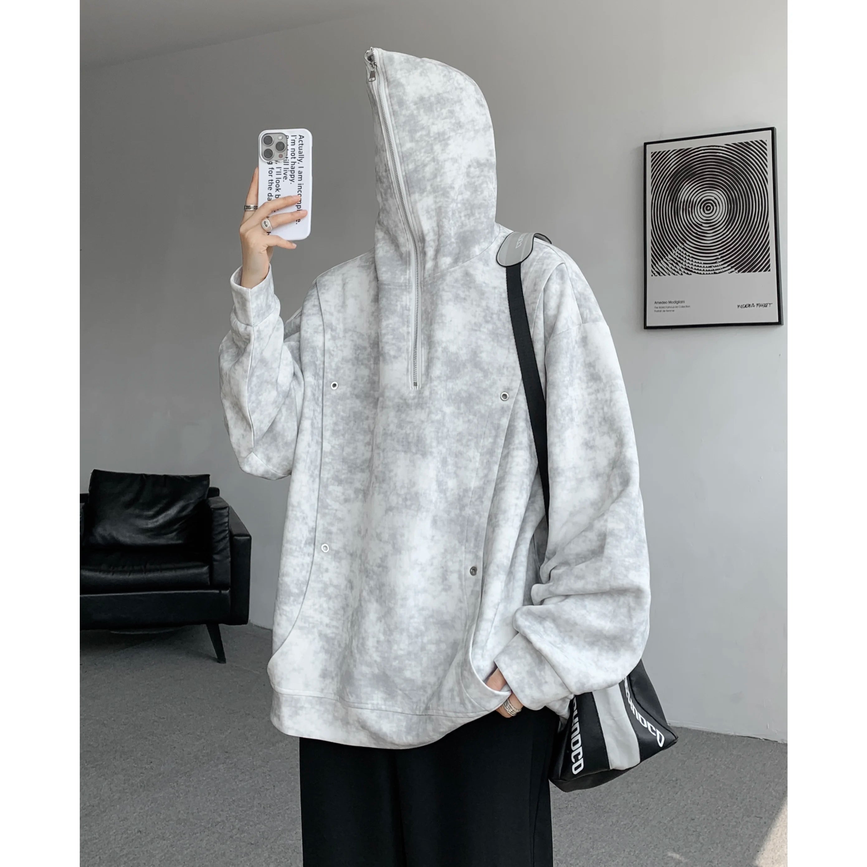 2025 New Men's Hooded Sweatshirt Zip Standing Collar Metal Rivet Design Hoodie Tie-Dye Gradient Oversize Street Hoodies