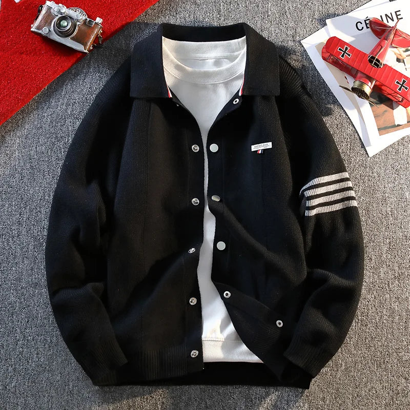 Retro Color Block Striped Knitted Cardigan New Autumn Winter Men's Sweater Classic Unisex Button-front Sweater
