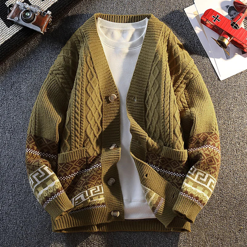 Ethnic Jacquard Knit Cardigan Japanese Retro Casual Versatile Sweater Loose-Fit Sweater Jacket Couple Knitwear