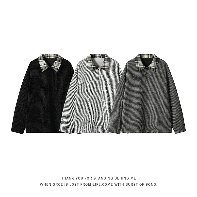 Retro Black White Checkered Splicing Striped Sweatshirts Loose Couples Clothing 2025 Autumn New Knit Sweatshirt Polo Shirt