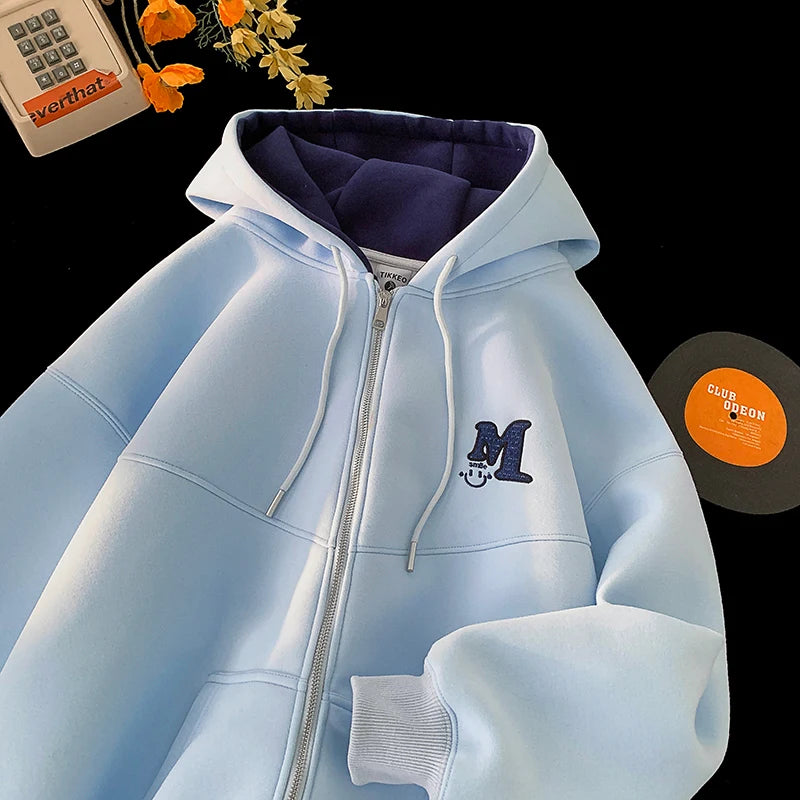 2025 Fall New American Retro Zipper Hooded Sweater Letters Embroidery Splicing Padded Jacket Oversize Street Style Trend Tops