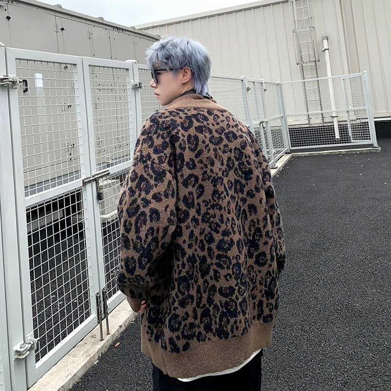Retro Leopard Knit Cardigan Sweater Men's Jacket Korean Streetwear Popular Zipper Long Sleeve Knitwear Unisex Outwear