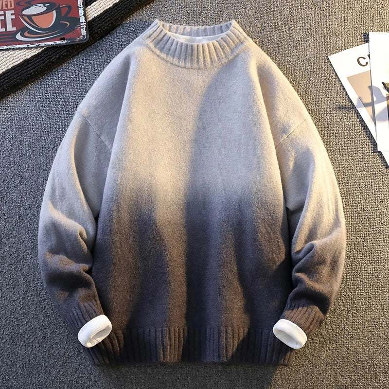 New Autumn Winter Gradient Printing Sweater Men's Crew Neck Long Sleeve Knitwear Harajuku Couple Pullover Tops Warm Knitting